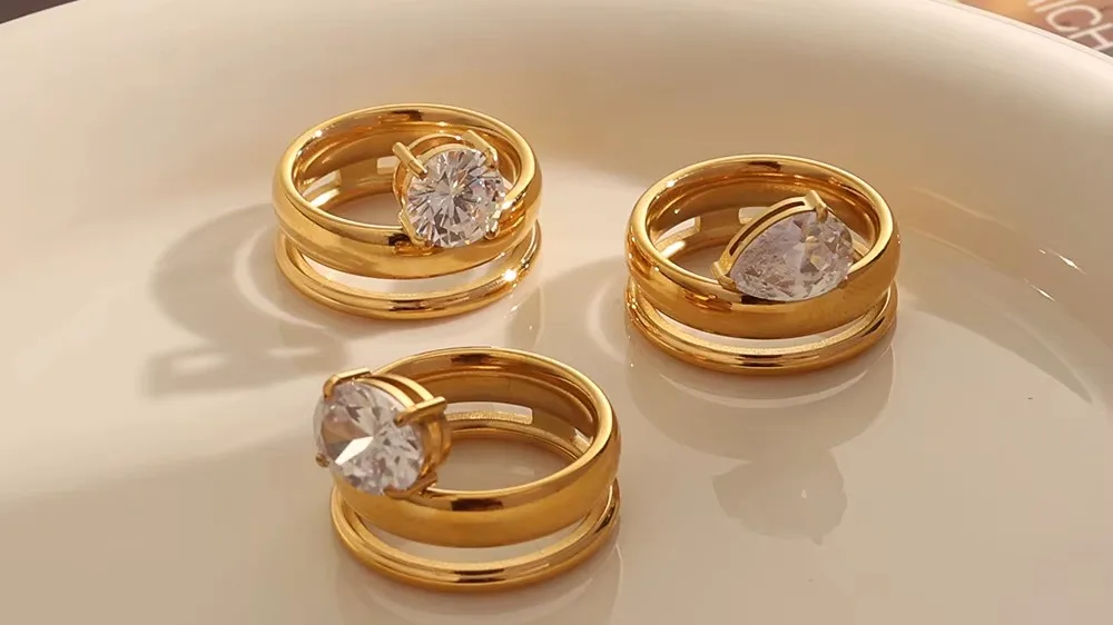 Fashionable Double Layers Shinny Zircon Stone Ring Luxury Oval