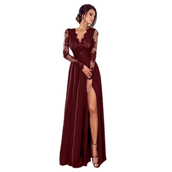 Women's V-neck Slit Formal Prom Gown Lace Long Sleeve Evening Dress, Gowns For Women Evening Dresses
