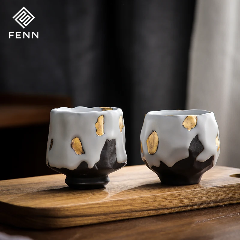 FENN Japanese teacup ceramic coffee cup irregular edge feature design cups body variety of Luxury grey with golden tea cups