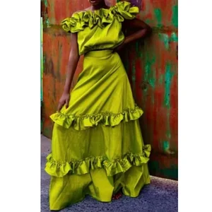 Factory Wholesale Designer Fashion 2 Piece Set Women Spring Summer Sleeveless Riffles Short Top + Midi Skirt Casual Holiday Set