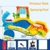 Piscina inflable con tema de dinosaurios coloridos y bomba eléctrica