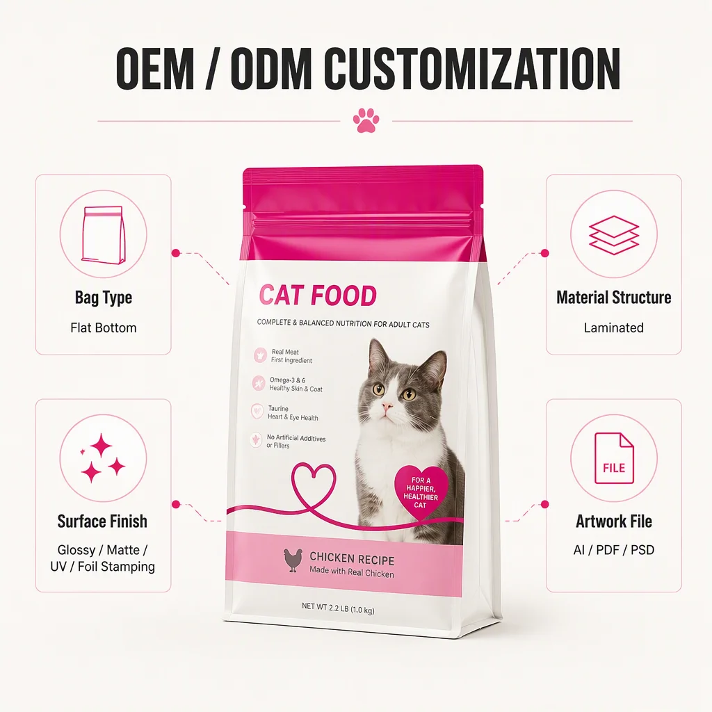Eight Side Seal Flat Bottom Stand up Pouch Heavy Duty 1kg 5kg Zipper Bag for Pet Cat Food Moisture Proof Bolsa Doypack