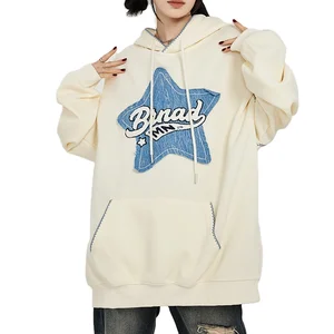 Vintage Women's Loose Stitching Star Patch Pullover Hoodie