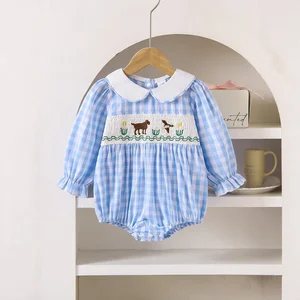 Custom Baby Clothes Shirred Smocked Baby Clothing Embroidered Blue Plaid Long-Sleeved Collar Button Jumpsuit Baby Rompers