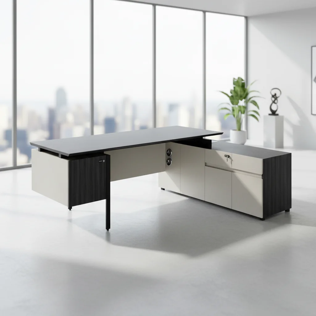 Premium Modern Durable Executive Office Desk Custom Height Wood Top Steel Legs Storage Drawers Cabinet Office Furniture 3
