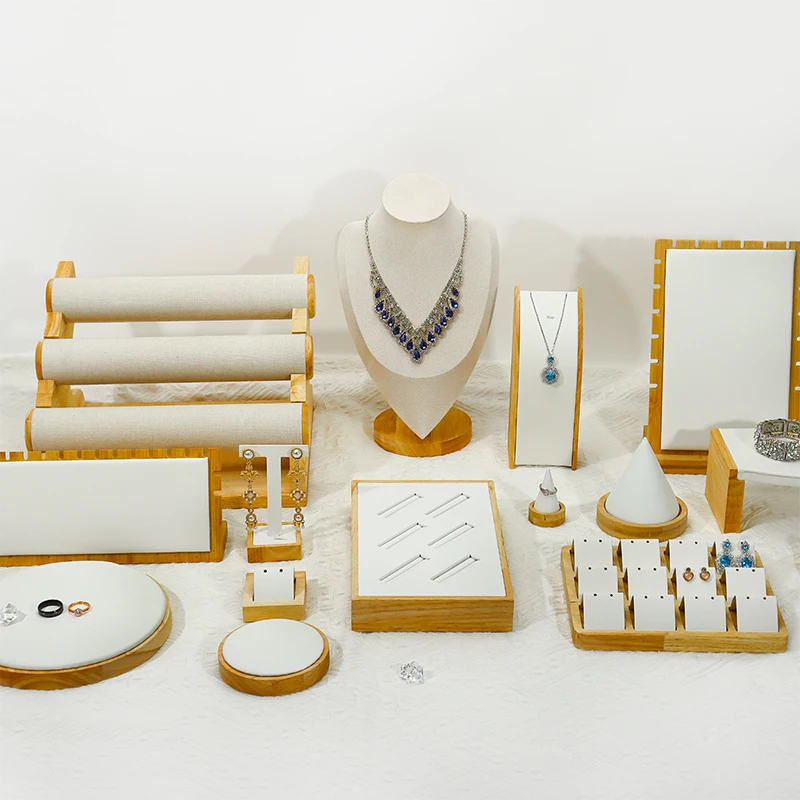 Sundo Wholesale Jewellery Display Stand Holder Custom Wooden Bracelet  Necklace Ring Earring Holder Jewelry Display Stand Set