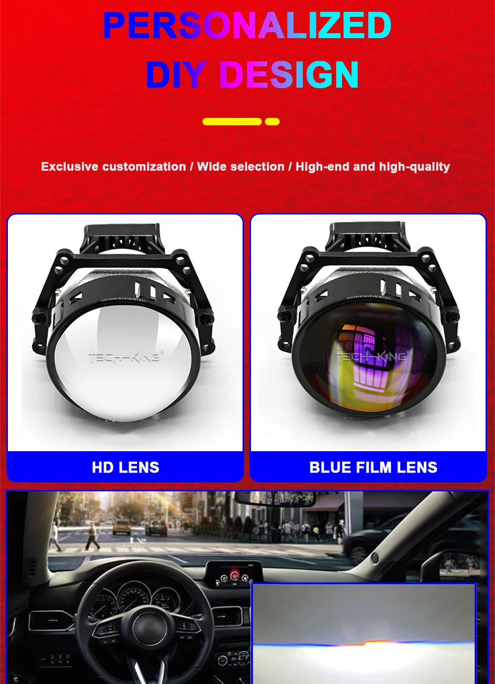 Car vw polo projector headlight 3 inches near and far light 140w 6000K car 12V led lens double light cup Projector headlights