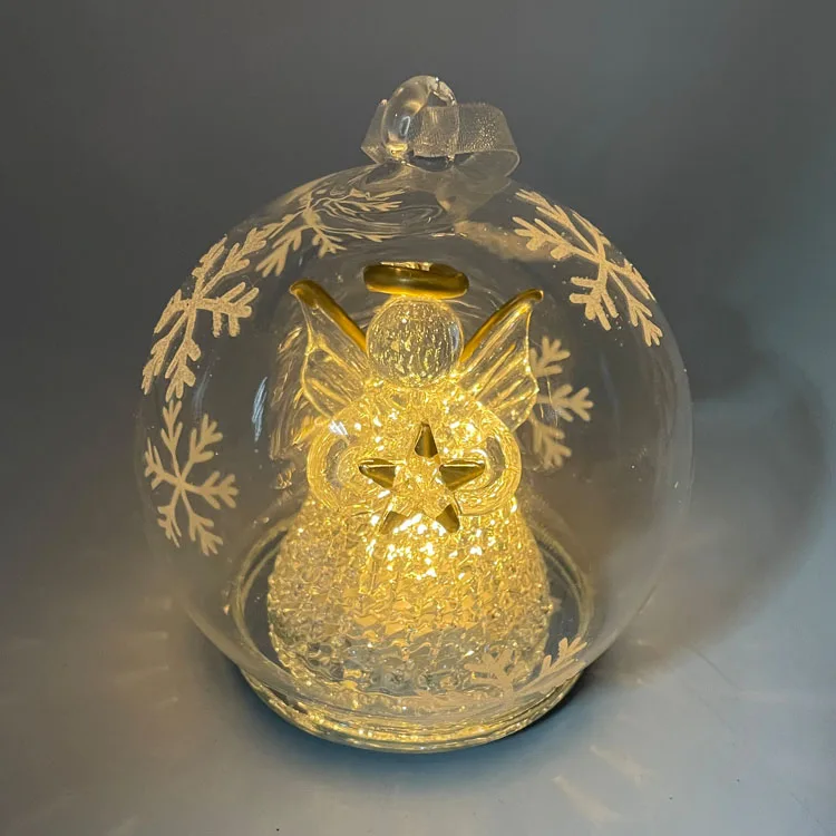 Battery operated 80mm clear hand blown glass hanging Christmas angel ball ornament with led light