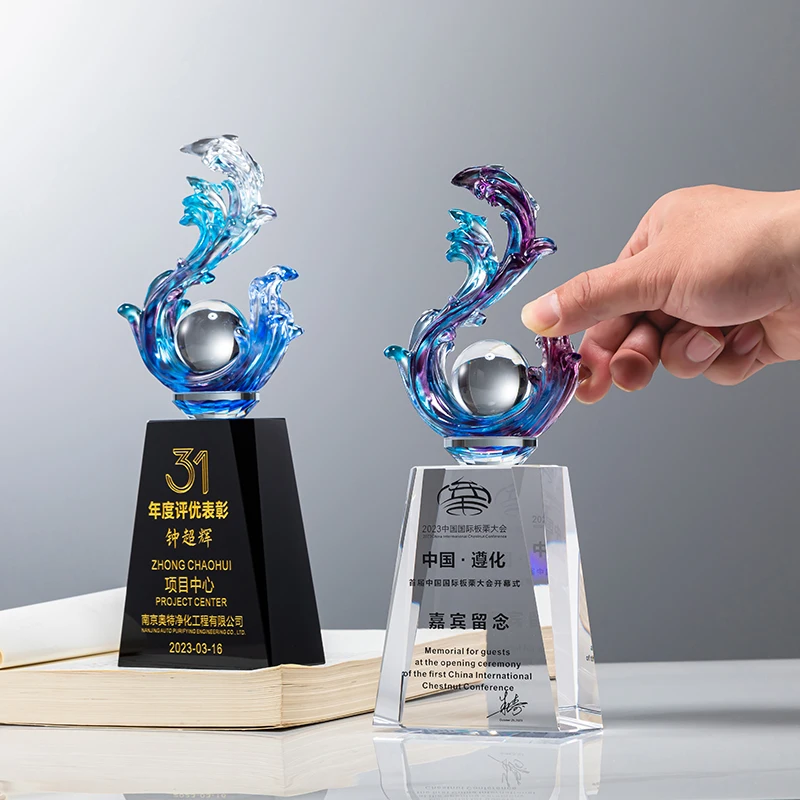 2024 High Quality Water Wave shape Trophy Crystal Glass ball Trophy  business sport events souvenirs trophy