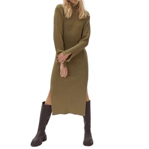 Women's Turtleneck Sweater Dress Casual Fashion Knitwear Long Dress Side Slit Knitted Sweater Dresses for Women