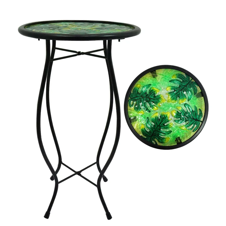 12 Inches  Round Shape Tropical Green Fern Indoor And Outdoor Hand-painting Glass Plant Stand