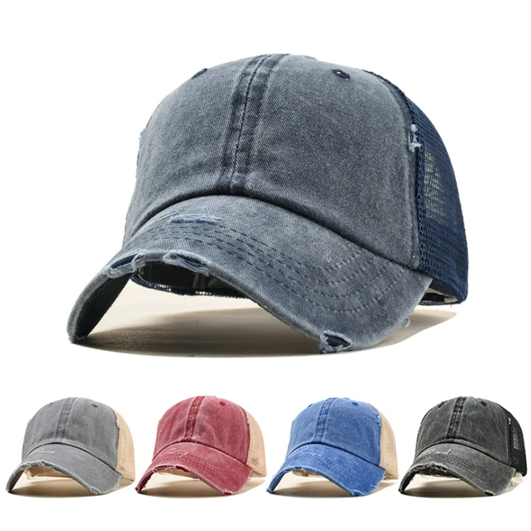 2023 Mesh Trucker Hat Washed Distressed Cotton Denim Ponytail Hat Adjustable Baseball Cap