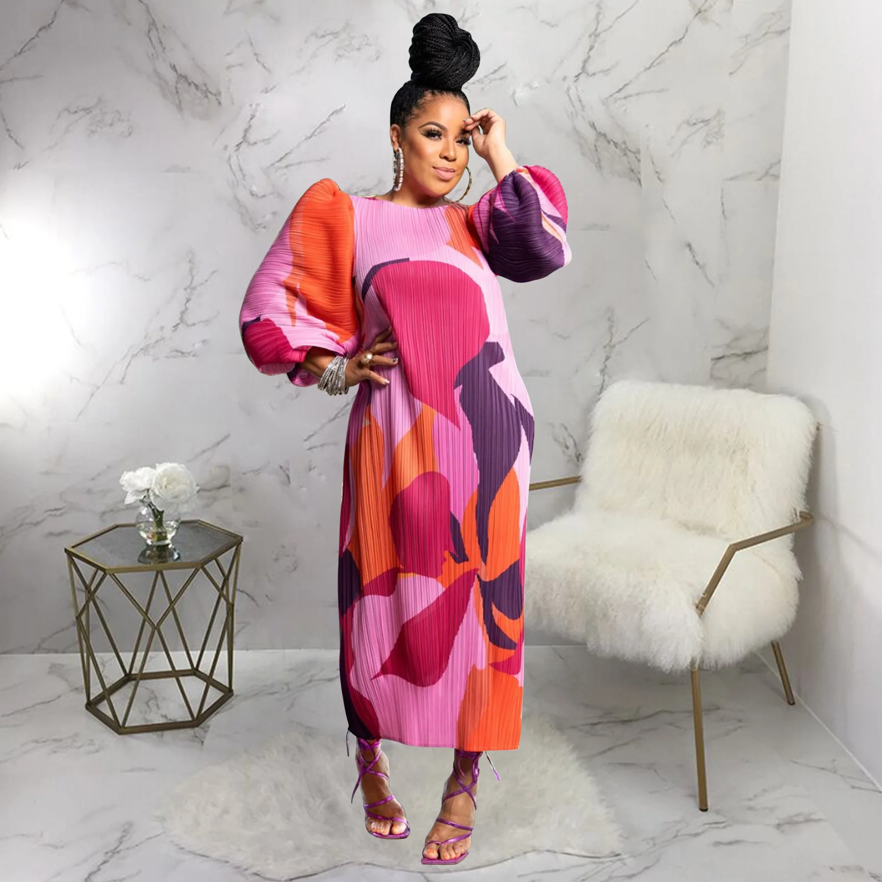 Latest Style Fat Women Pleated Dresses Pleated Dresses Women Lady Elegant  African Pleated Long Dress