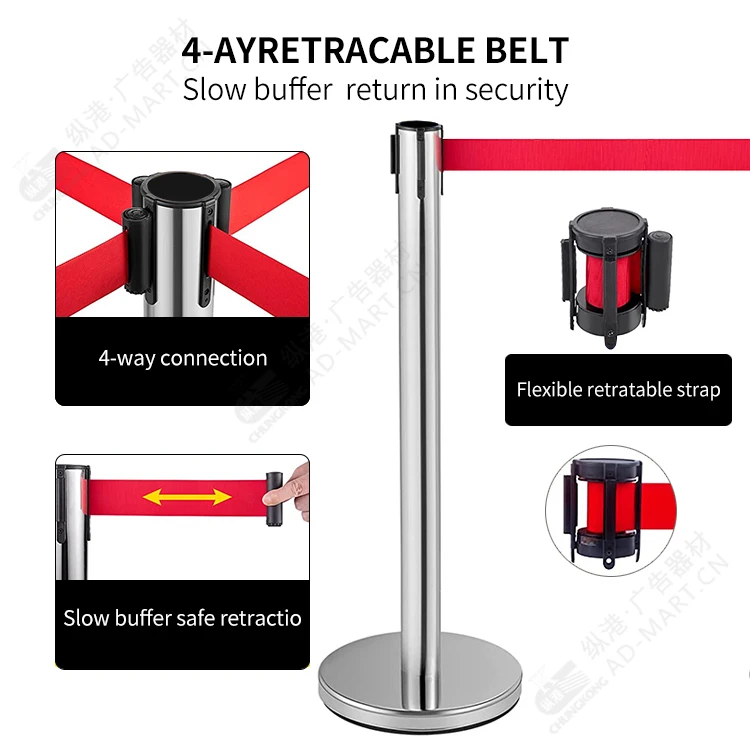 Custom Separate Post Retractable Dual Line Stanchion Belt Steel Stand With Rope Barrier Railing Stands 4-way Retractable Belt