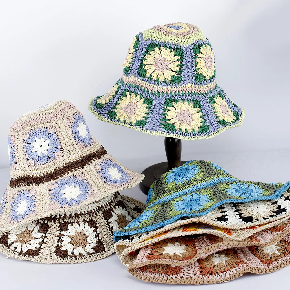 20 Colors Bohemian Handmade Flower Sun Straw Bucket Hat  display picture 1