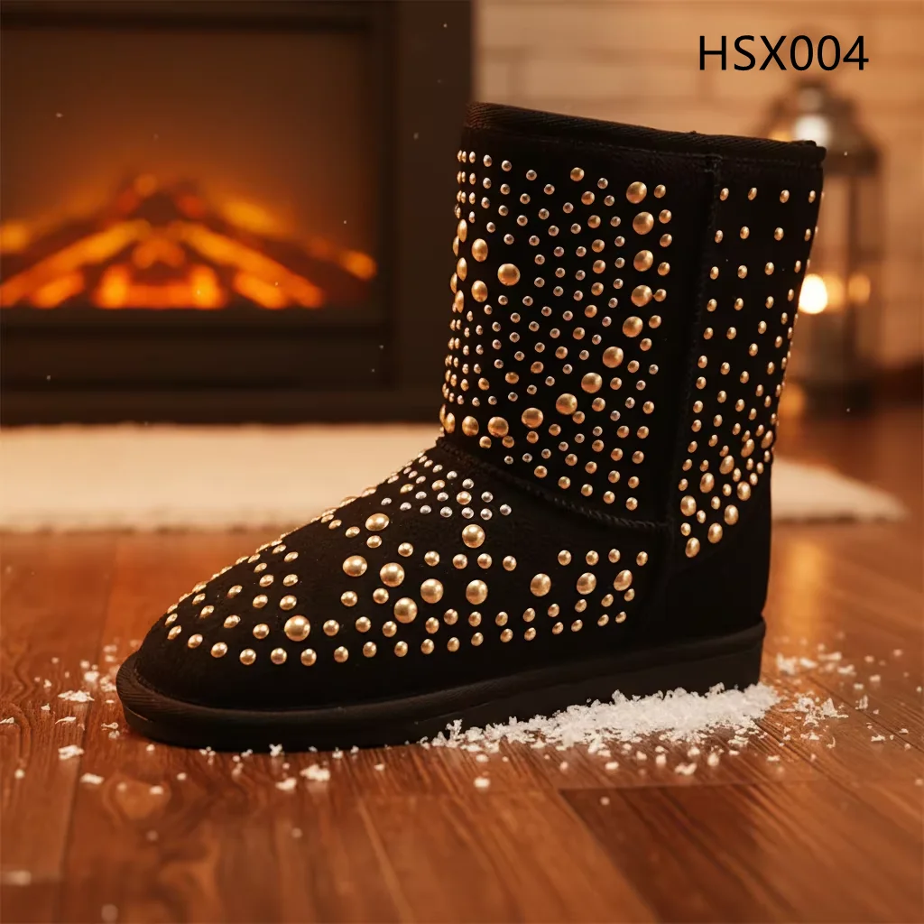 HY,Korea Market Popular Snowscape Viewing Fashion Women Snow Boots Anti-Chill 6 Inch Warm Boots with Shining Rivet HSX004