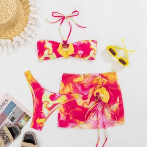 New Summer Women's Sexy and Fashionable Printed Skincare Strap Waist with Hip Wrap, Three Piece Split Set
