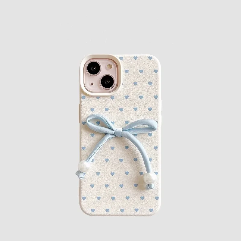 INS Style Baby Blue Pearl Bow Heart Silicone Case for iPhone 11 12 13 16 Pro Max Plus XS XR 14 Pro Max Custom Logo Cute Design