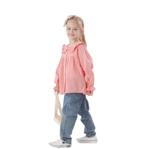 New Casual Pleating Loose Long Sleeve Shirt Bell Bottoms Jeans 2 Piece Toddler Girls Clothing Sets