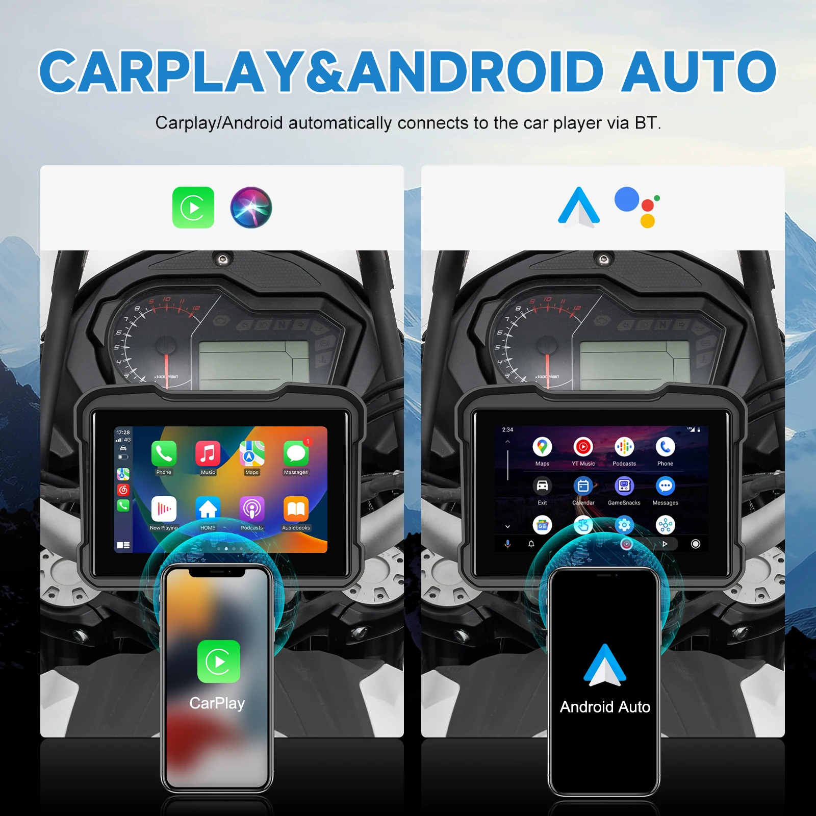 android auto monitor ip67 waterproof for motorcycle support airplay android cast bt a3910-4