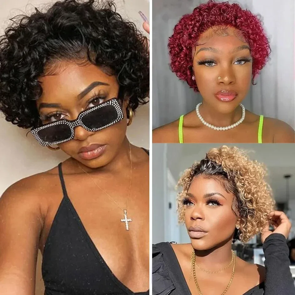 Korte Pixie Cut Pruik Menselijk Haar Pruiken Water Wave Ombre Bruin 13x1 Transparante Kant Voorkant Pruik Braziliaanse Maagdelijke Krullende Pruiken Voor Vrouwen_voghion.com