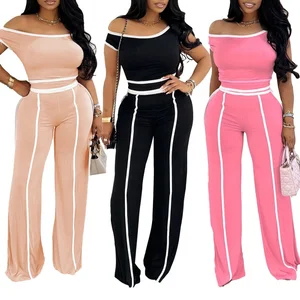 Viviblook Z603ST09 Women Color Blocking Crop Top Trousers Set Summer New Two Piece Pants Suit Sports Fitness Plus Size Set