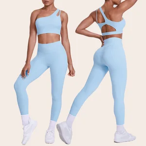 High Quality Active Wear Sport Wear One Shoulder Sports Bra Fitness Clothing Sets New 2 Pcs Gym Set