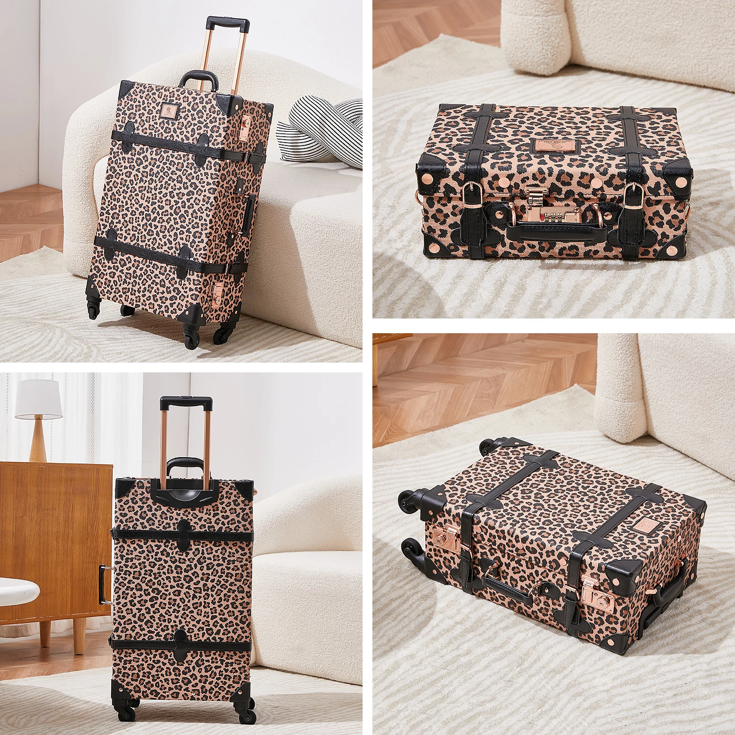 UNIWALKER FACTORY Vintage Suitcase Set with TSA Lock, ODM OEM Handmade Faux Leather Leopard Spinner Trunk Luggage for Women