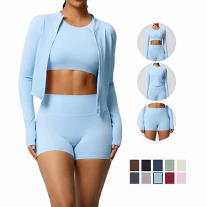 New Sports and Casual Yoga Zipper Cardigan High Quality Sports Shorts Fitness Set for Women Three Piece Set