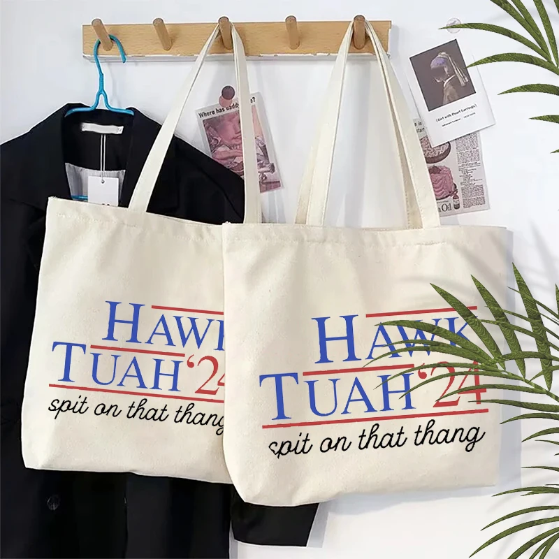 1pc Hawk Tuah Spit on That 2024 Pattern Tote Canvas Personalized Shoulder Bag for Travel Women's Reusable Shopping Bag