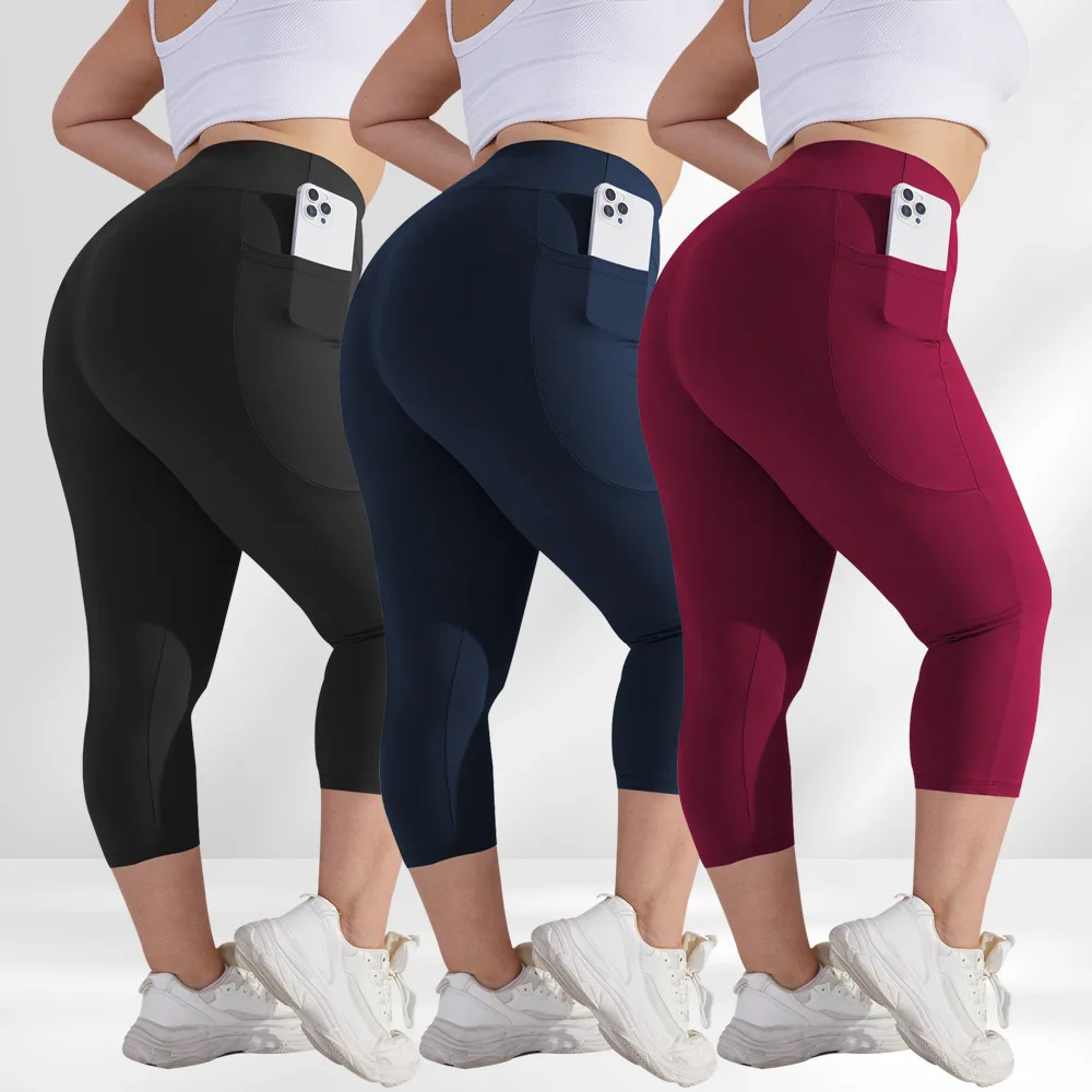 Style Three-Quarter Yoga Pants Shorts High-Waisted Crescent Pocket Casual Running Sports