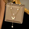 Gold Butterfly Pearl Pendant Stainless Steel Necklace