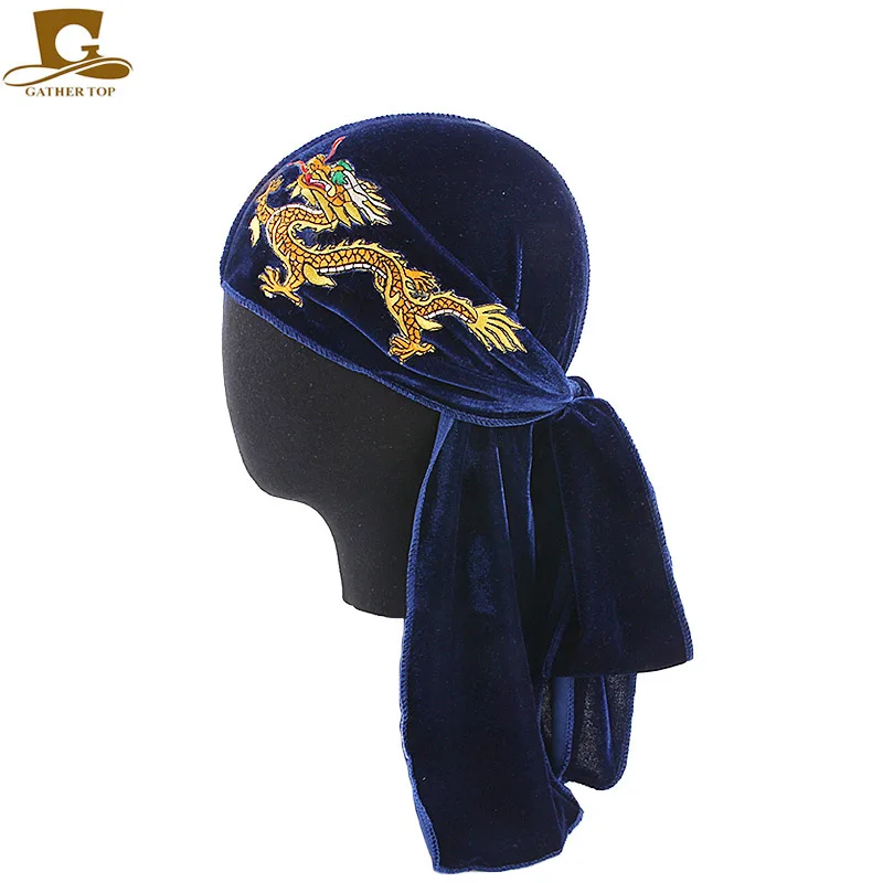 Men Velvet Chinese Dragon Turban Durag Hair Loss Hat Headwear