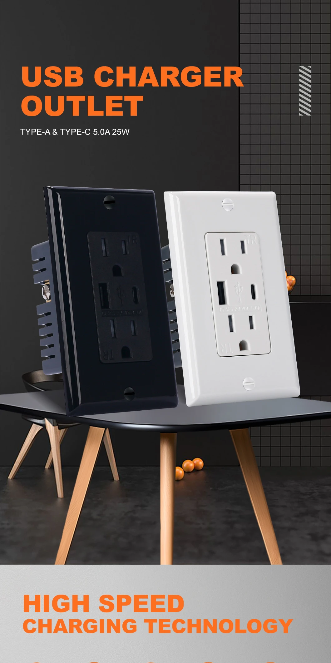 American Standard Duplex Receptacle - Safe USB Outlets
