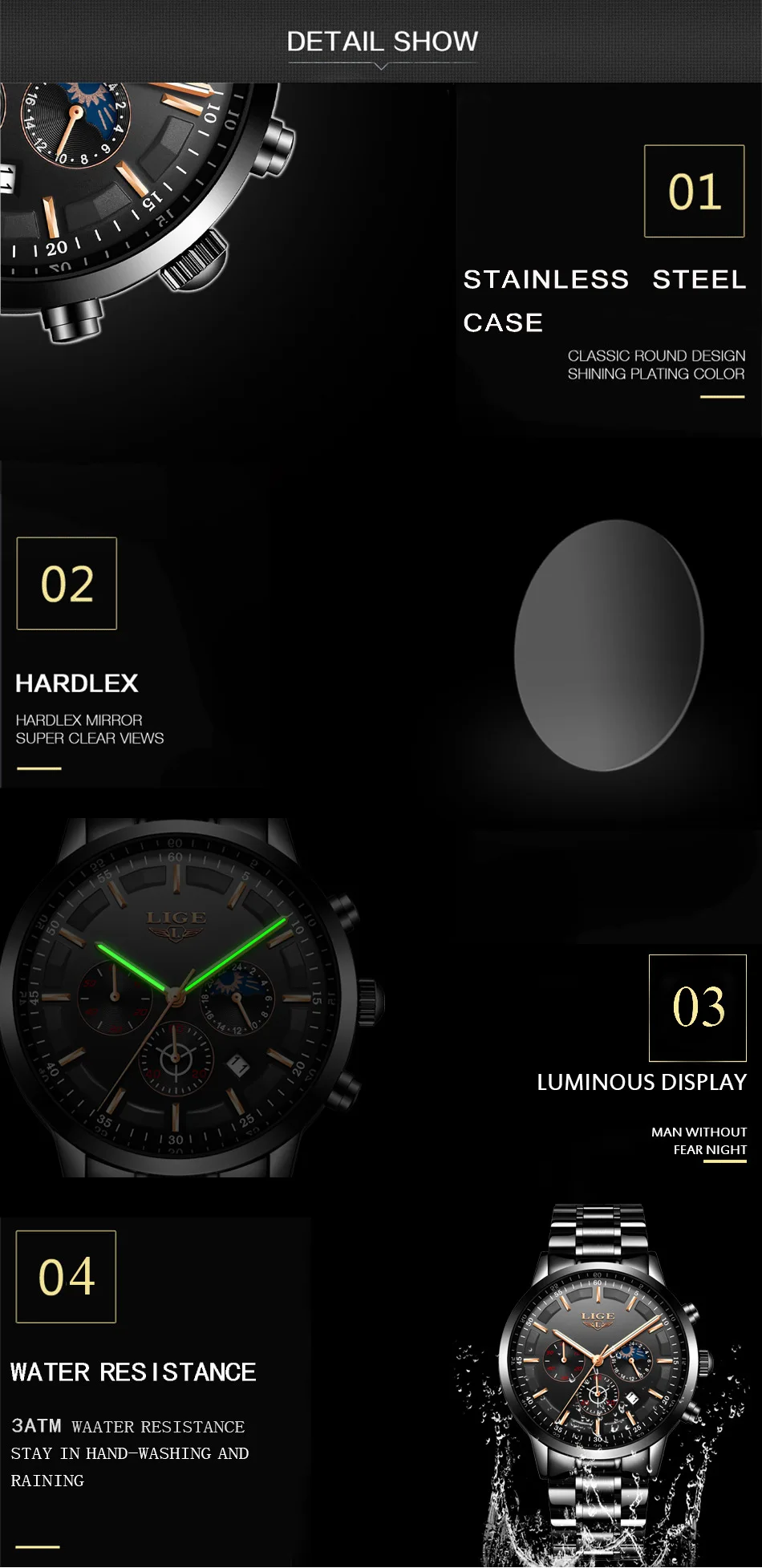 Lige 9877 Steel Moon phase Luxury quartz watch for Men