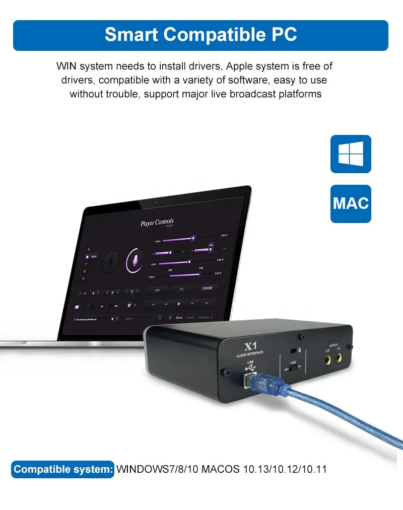 MY MIC X1 Professional USB Sound Card Audio Interface Recording Studio 2 in 2 Out with 48V Power Supply for Computer Singing