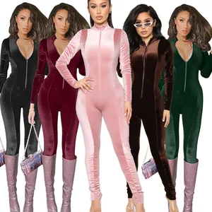 Custom logo Jumpsuit Ladies Velvet Long Sleeve Zip up Solid Sexy Romper Women Jumpsuit