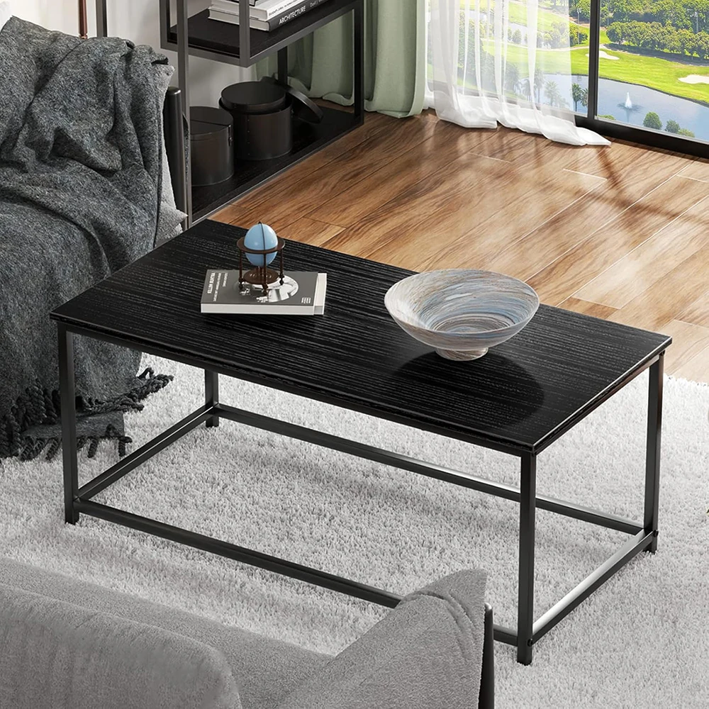 product black wooden top metal frame coffee table simple modern rectangular open space minimalist living room home office industrial-7