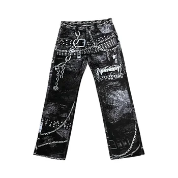 Men's Full DTG Digital Printing Denim Jeans Chinese Style 3D Chain Straight Loose Baggy Wide Leg Pants Winter Season Dark Wash