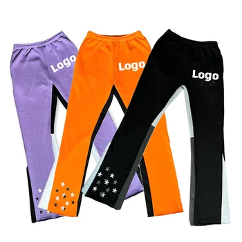 Dongguan City Streetwear Customized Logo Patchwork Joggers Stacked Sweat Pants 100% Cotton Terry Flare Sweatpants