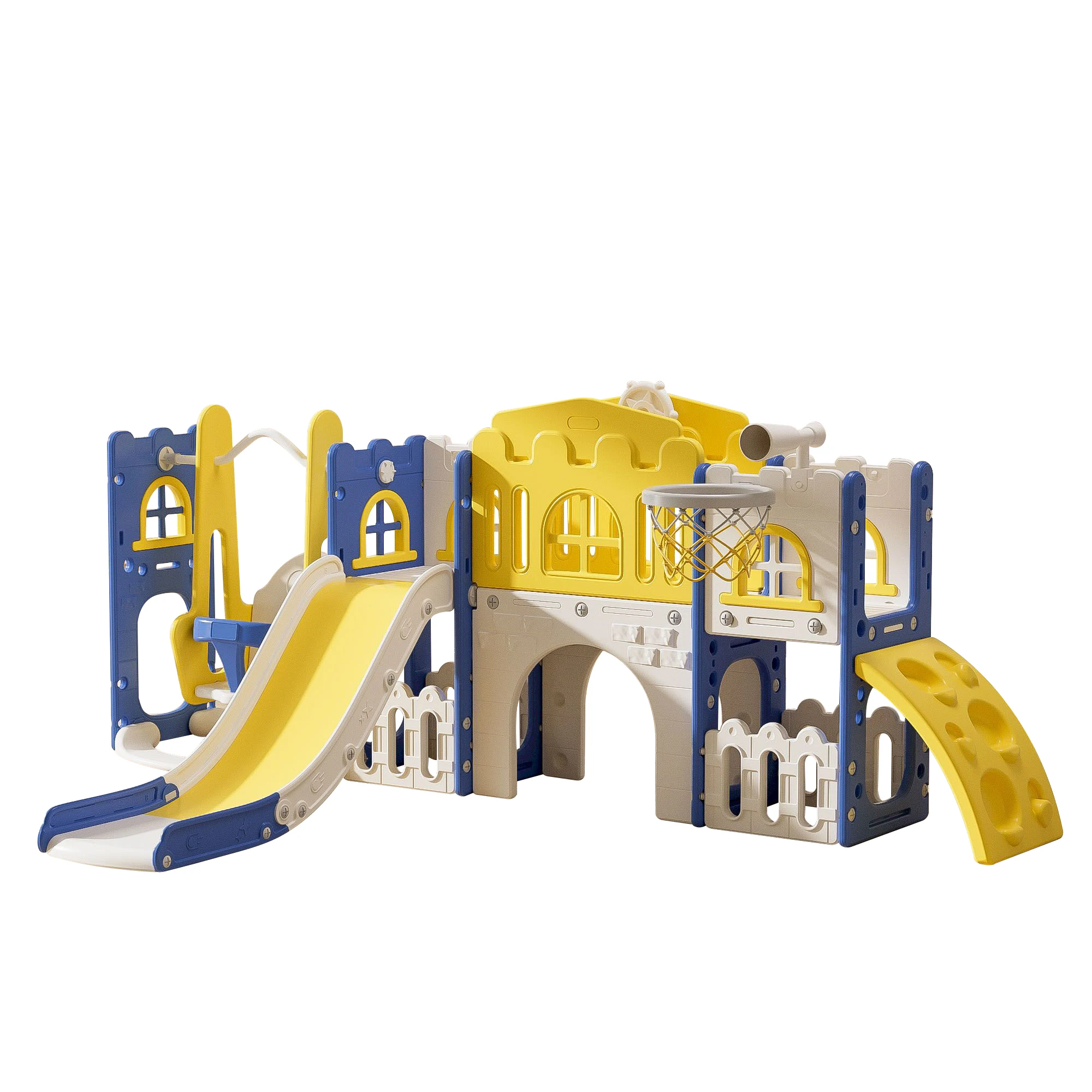 Toboggan pour Enfant 8 en 1, Structure d'escalade, Panier De Basket, Tunnel, Bascule, Télescope Et Espace De Rangement. Aire De Jeux Intérieure Et Extérieure pour Garçons Et Filles.Gris