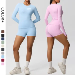 Nude Feeling Skinny Yoga Shorts Set Hip Lifting & Quick Dry Fitness Long Sleeve Top Breathable Outdoor Running Exercise Suit