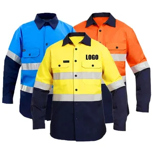 100%Cotton Breathable Mens Workwear Custom Logo Reflective Safety Clothes Hi Vis Construction Mining Industrial Worker Uniform