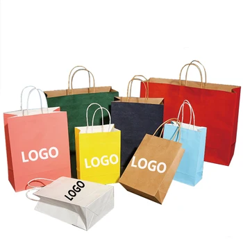 Wholesale custom logo brown sacolas kraft paper bag white high quality cheaper gift paper bag with print ribbon handles