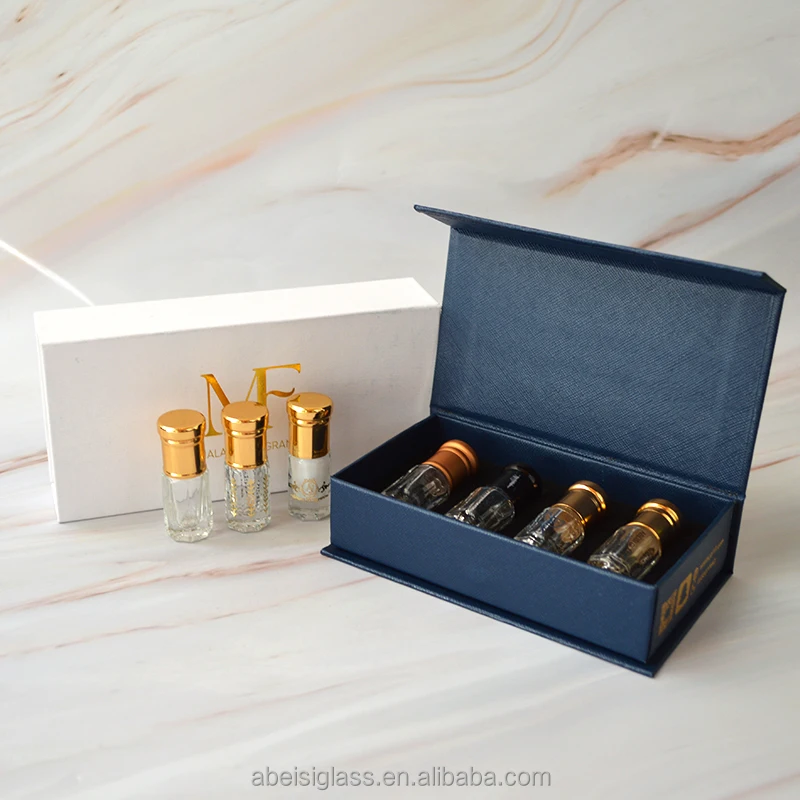 Luxury Custom Logo Perfume Sample Set Packaging Essential Oil Dubai Arabian Oud Attar Bottle Vial Gift Box With Foam Insert