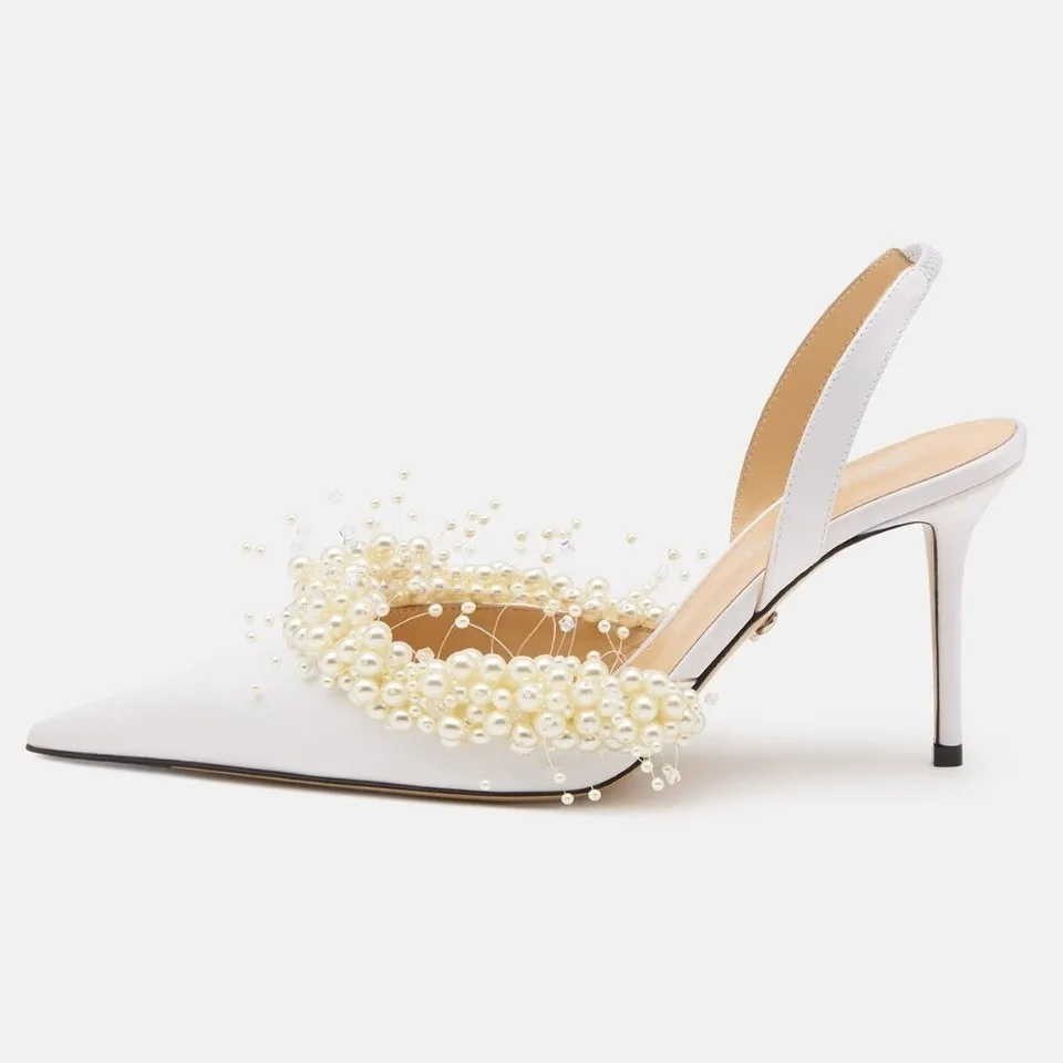 Oem&Elegant Bridal White Pearl Stiletto Heel Pointed Toe Trendy Wedding Party Daily Shoes Women Sandals - Image 1