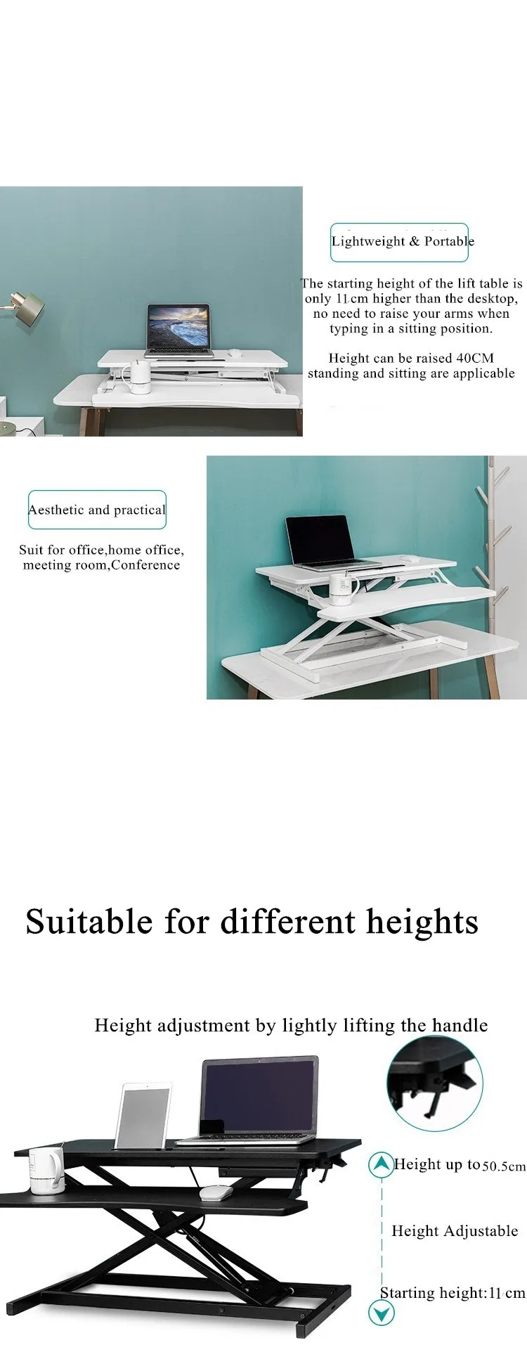 Height Adjustable Gas Spring Computer Lifting Stand up Standing Desk on Desktop
