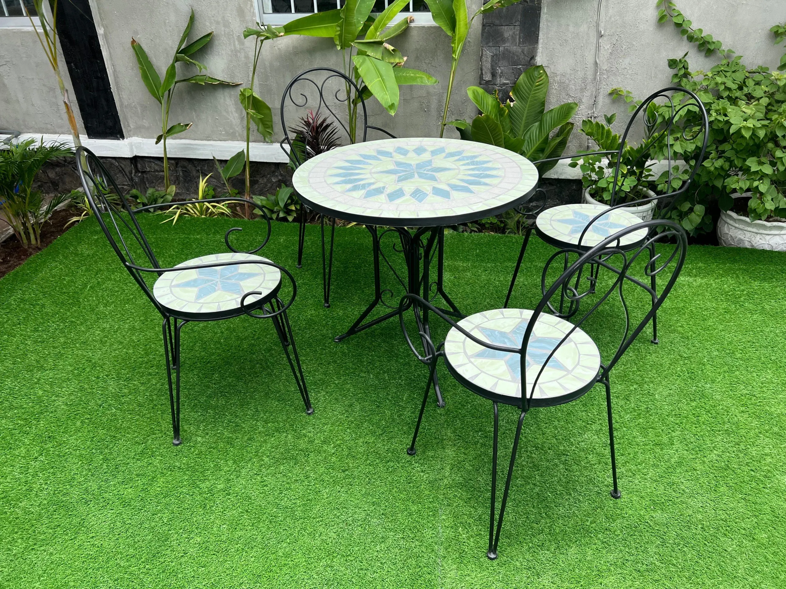 Patio Dining Set Round Mosaic Table with 4 Patio Folding Chairs Garden Outdoor Table and Chairs