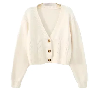 Customized OEM&ODM Spring Autumn Fashion Short Knitted Sweater V-neck Twist Cardigan Loose Short Women's Cardigan Sweater