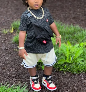 Wholesale Customized Children's Set Black Leopard Print Short Sleeved and White Striped Casual Shorts Sports Boys Clothing Sets